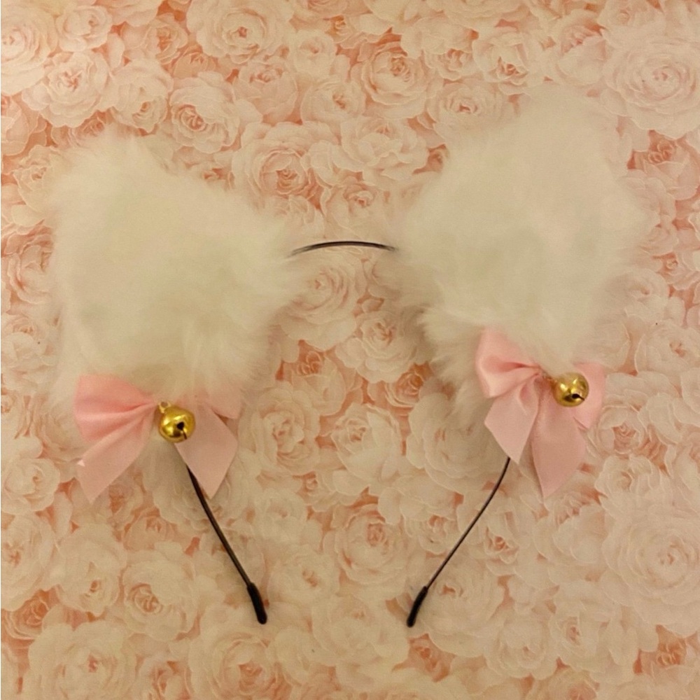 White Fluffy Headband with Pink Bows